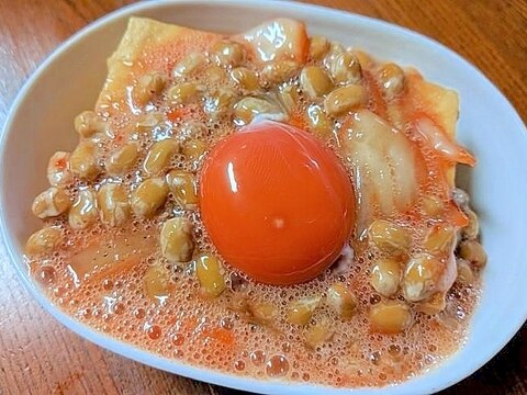 ●残り物で♪ふわふわ★黄身乗っけ納豆キムチ厚揚げ●